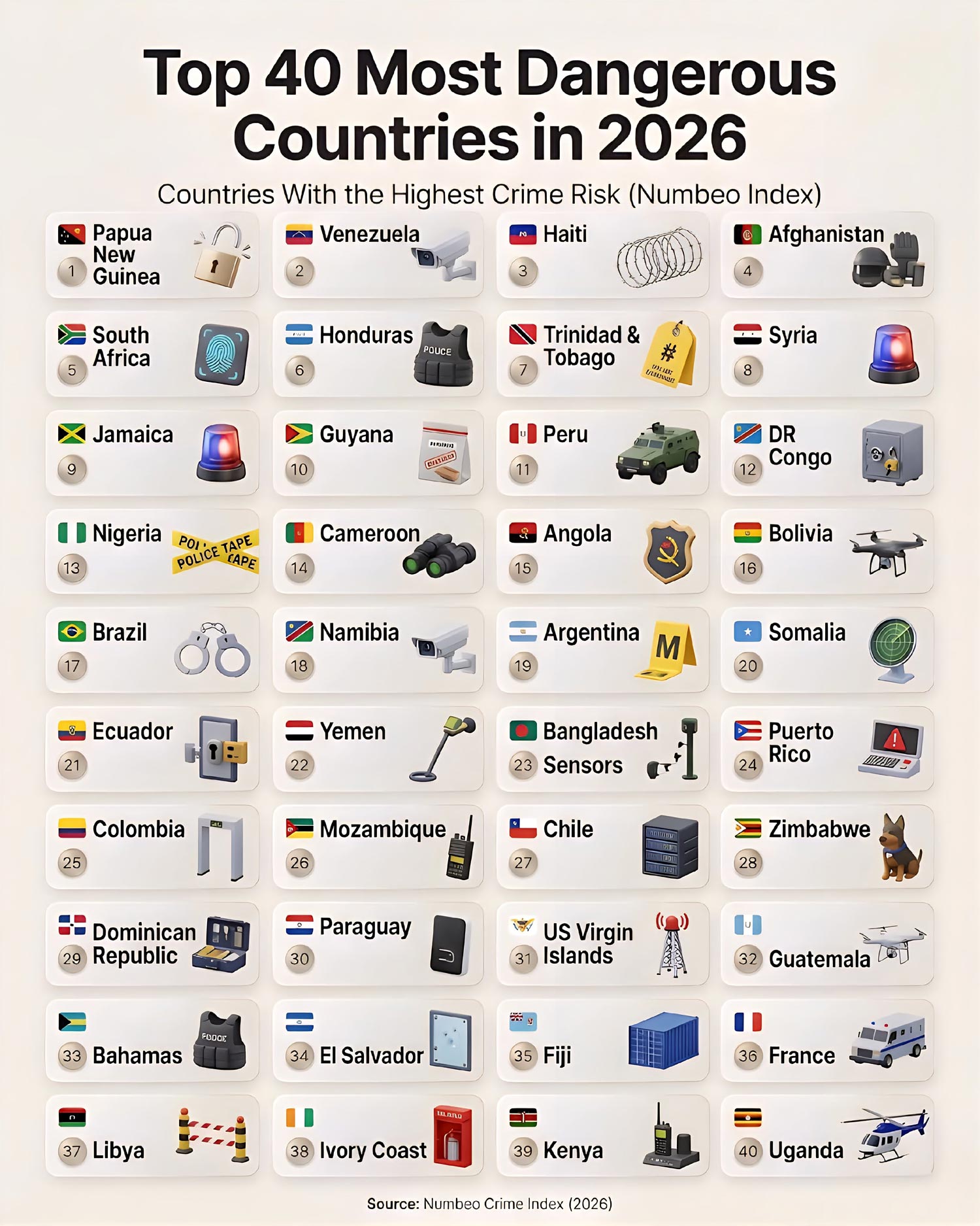 Top 40 Most Dangerous Countries in the World for 2026 by Numbeo Crime Index