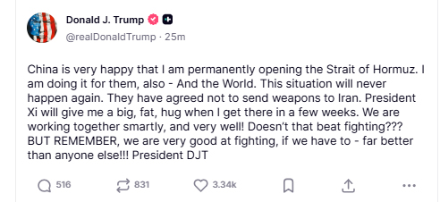 china wont send weapons to iran trump on truth social